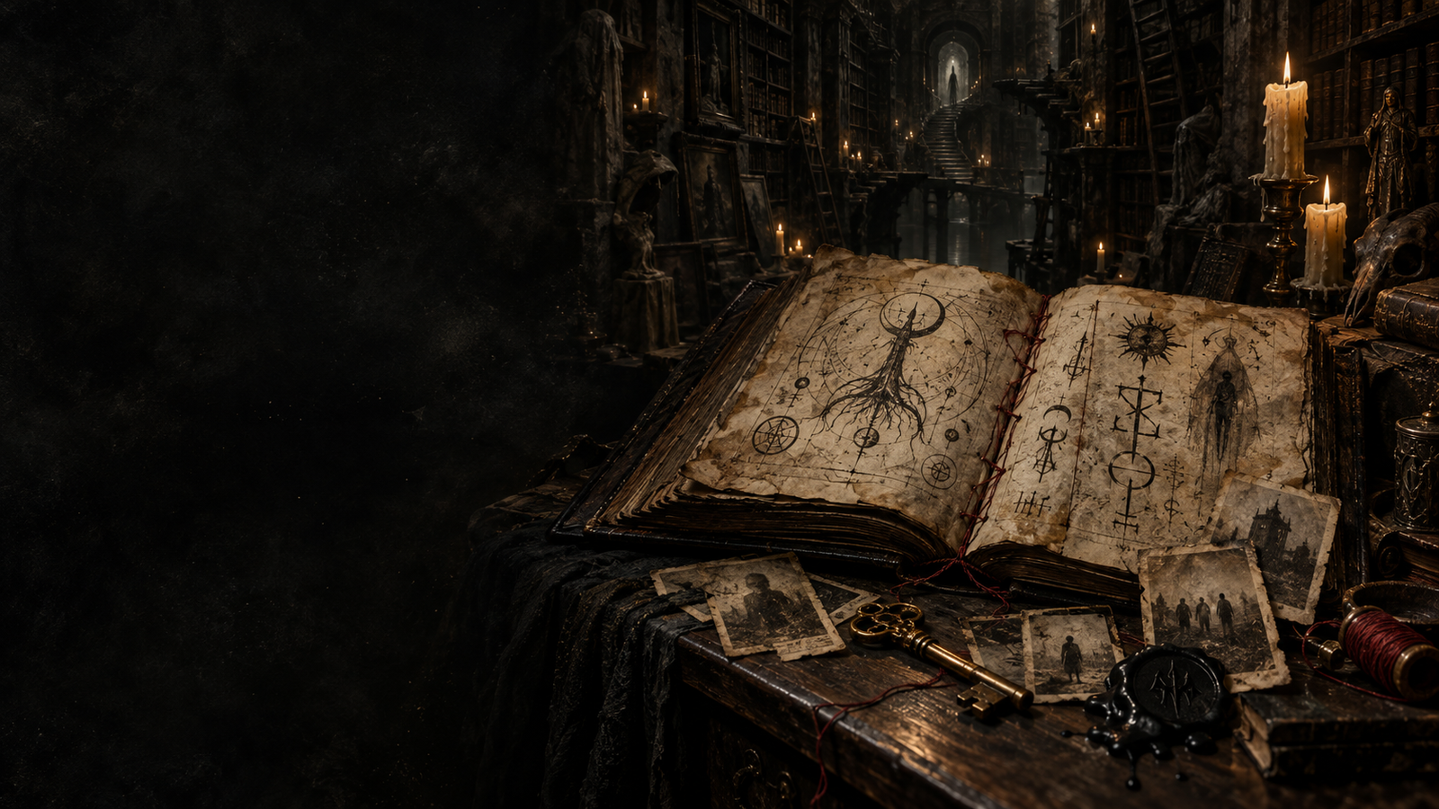 Reconstrucción del grimorio abierto en la biblioteca del reverso