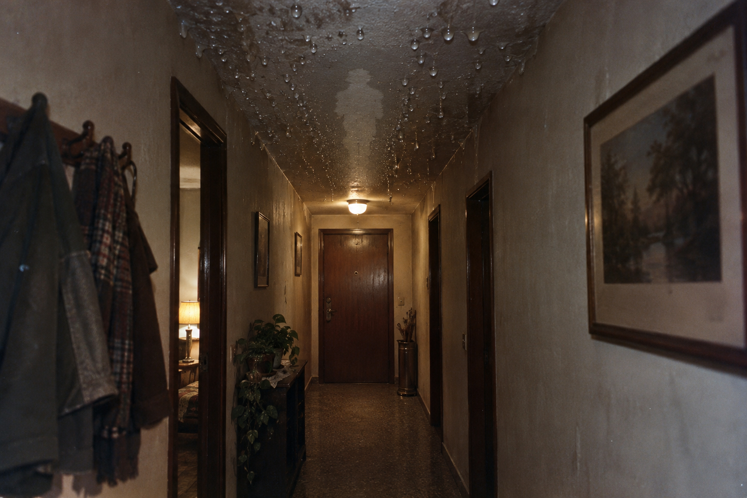 Recreación de un pasillo antiguo con gotas en el techo