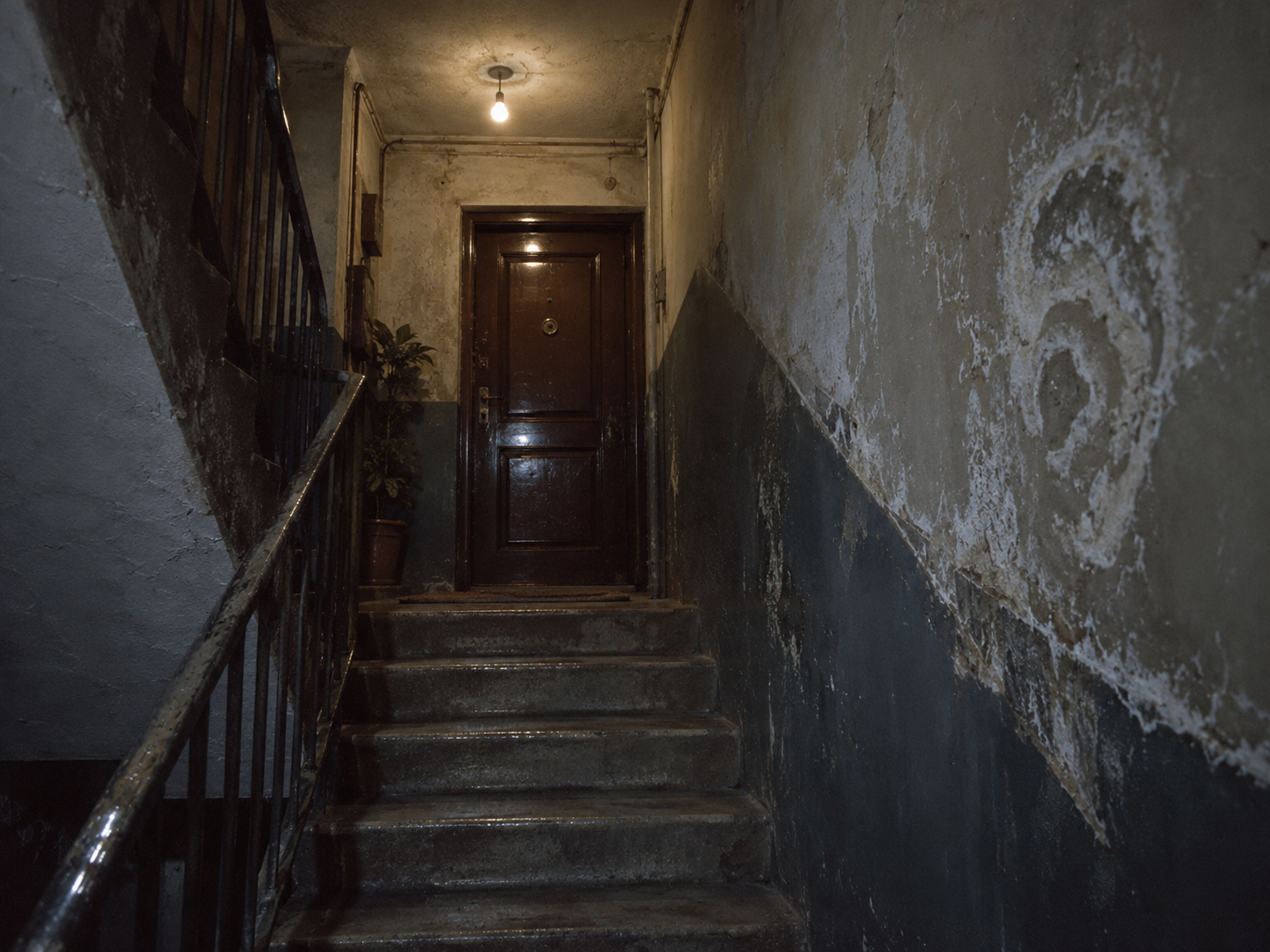 Recreación de una escalera oscura con un depósito de sal en la pared