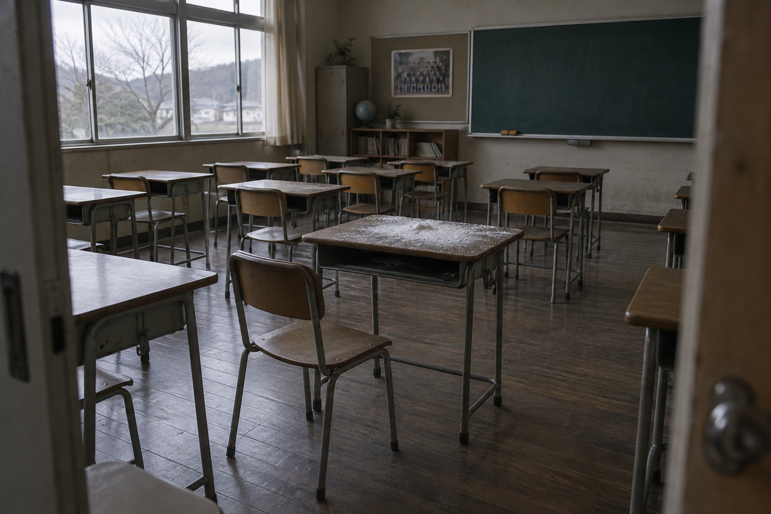 Recreación de un aula vacía con un pupitre cubierto de polvo