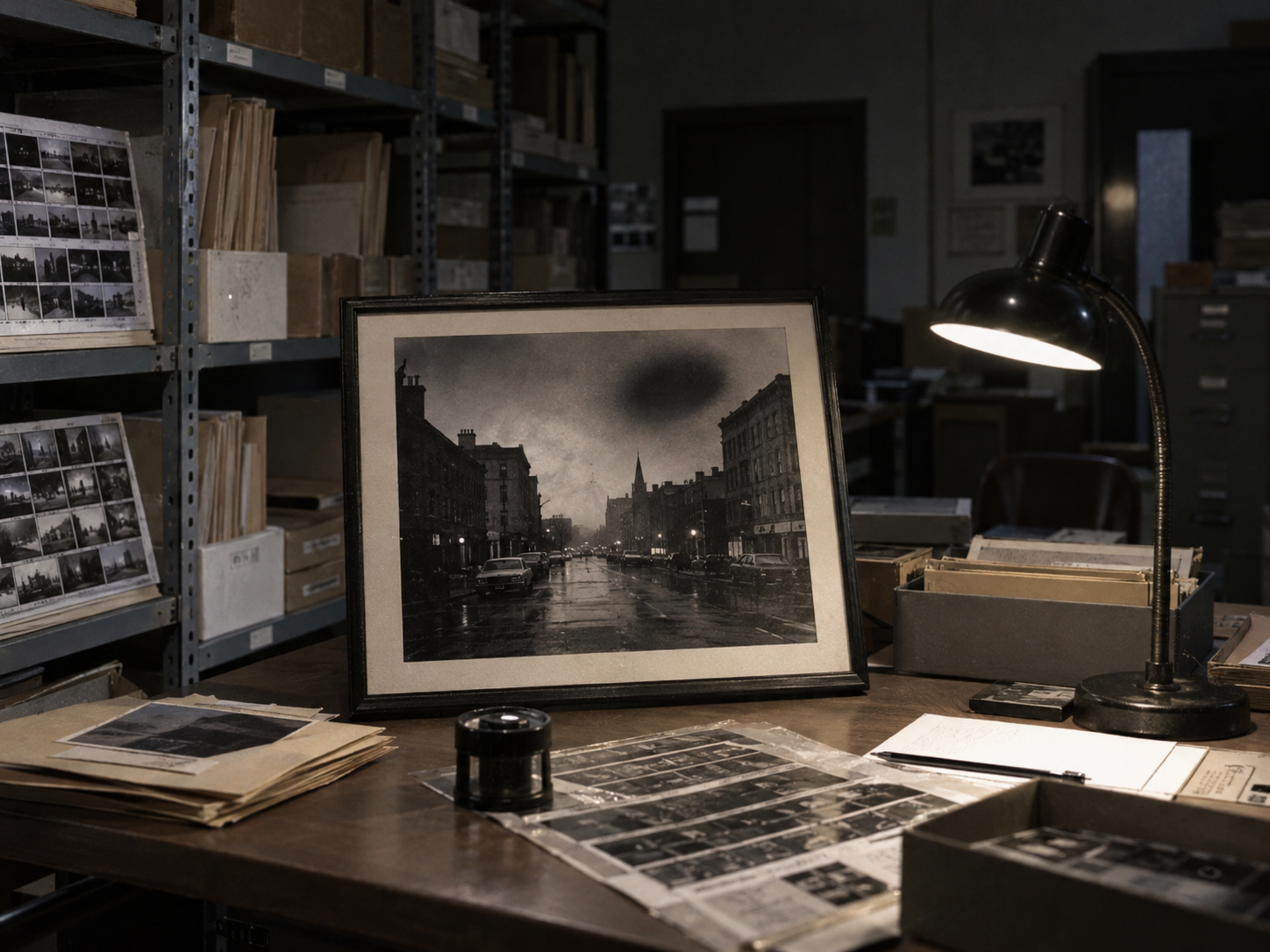 Recreación de un archivo fotográfico con una imagen de una avenida y una sombra circular