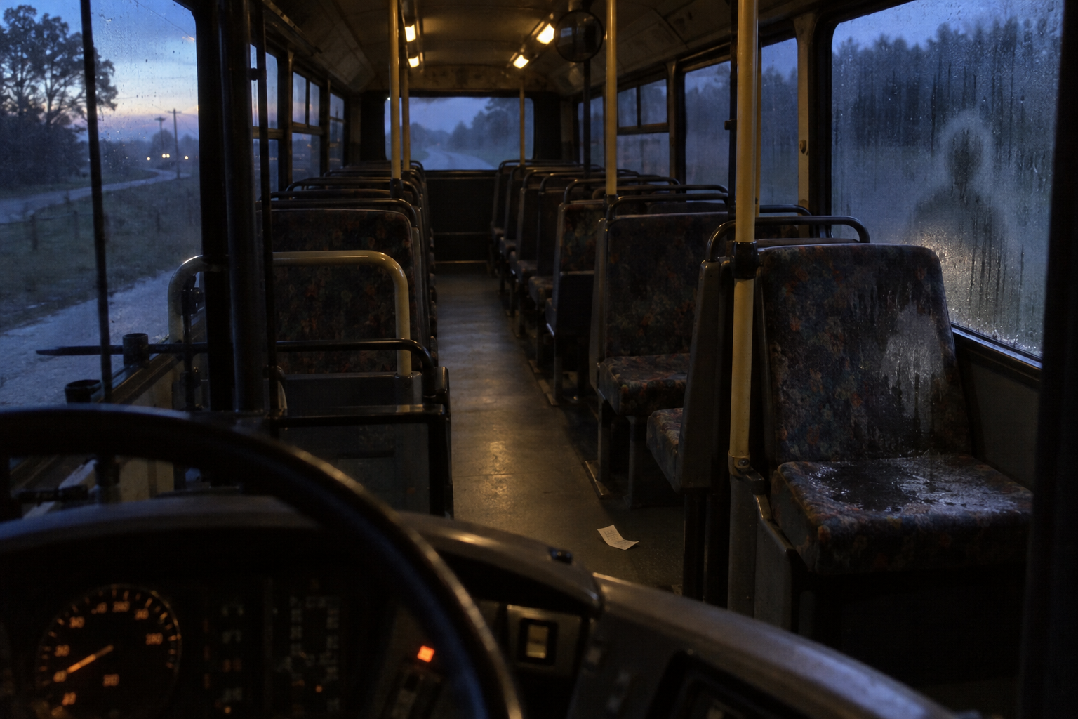 Recreación de un autobús vacío al amanecer con una marca en el cristal