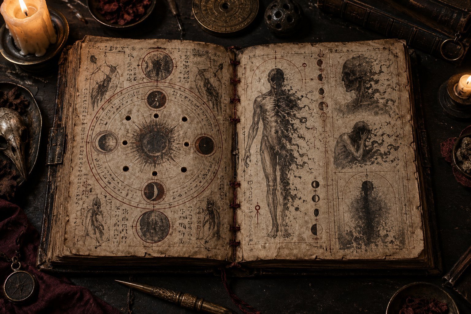 Recreación artística de dos folios de Abdicar con sellos y anatomías imposibles