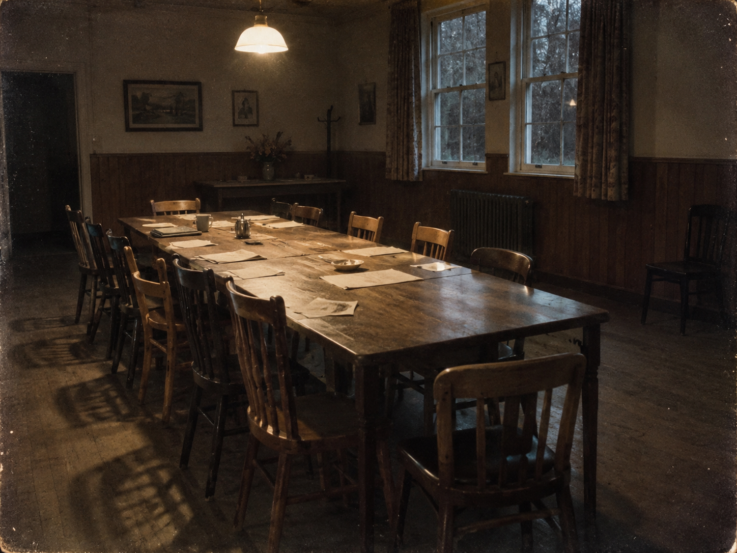 Recreación de una mesa de reunión con sillas desiguales y una silla apartada